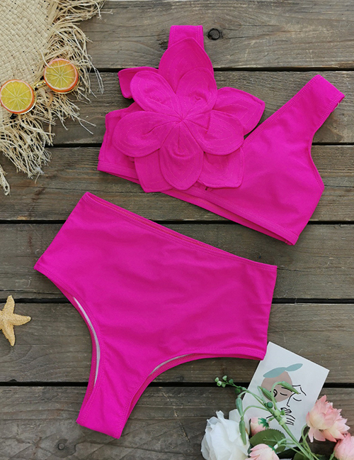 Fashion Pink Zweiteiliger Badeanzug Aus Polyester Mit Dreidimensionaler Blume Und Hoher Taille
