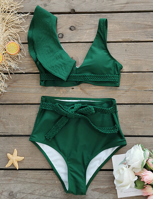 Fashion Green Einteiliger Badeanzug Mit Einfarbigem Futter Und Rüschen Aus Seil