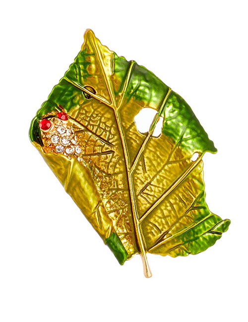 Fashion Green Alloy Diamond Drop Oil Leaf Brooch