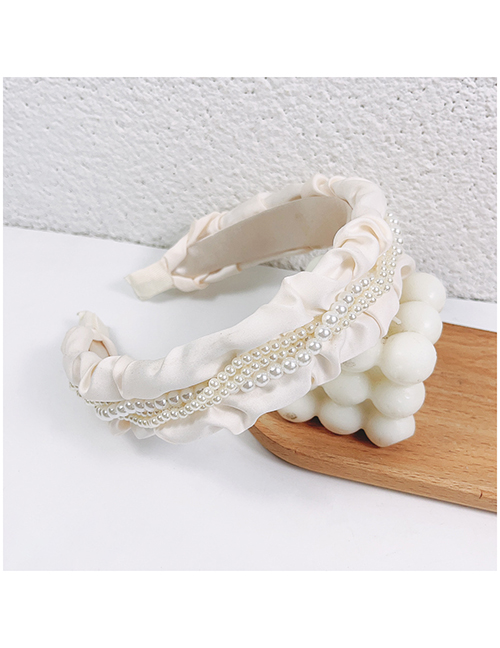 Fashion White Fabric Pearl Beaded Ruched Wide-brimmed Headband