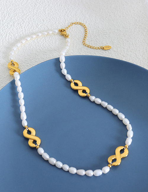 Fashion Gold Titanium Steel Pearl Beaded Figure 8 Necklace