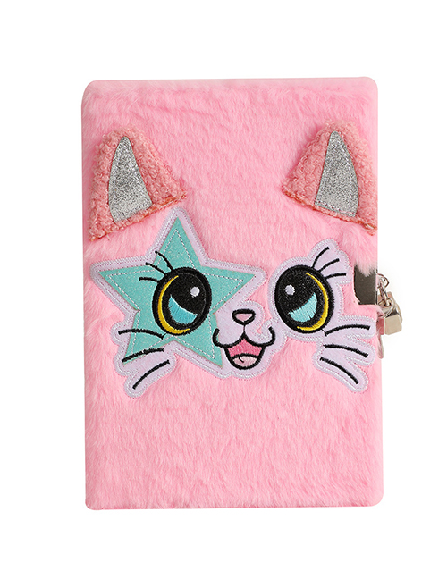 Fashion Pink Plush Cartoon Cat Diary With Lock