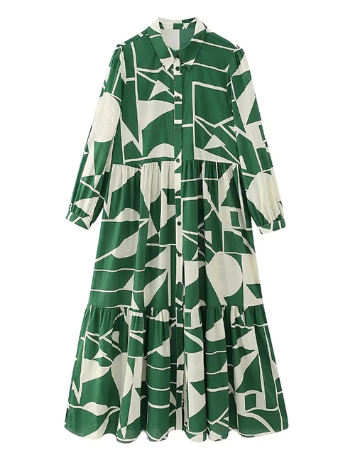 Fashion Green Polyester Print Lapel Breasted Dress