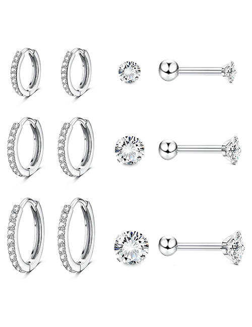 Fashion Silver Suit Titanium Diamond Geometric Piercing Earrings Set