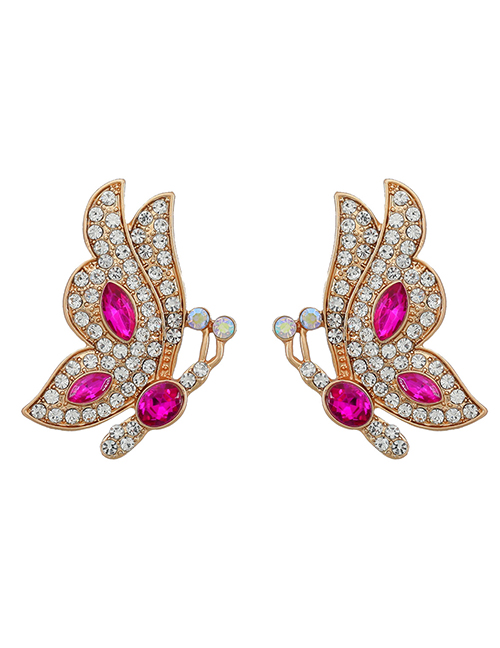 Fashion Rose Red Alloy Diamond Butterfly Stud Earrings