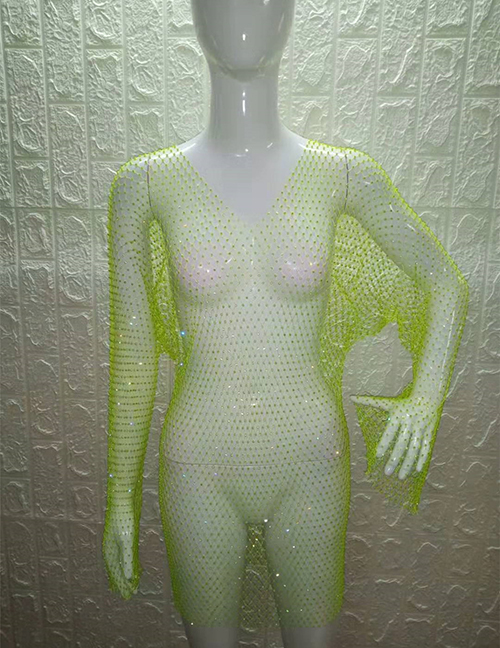 Fashion V-neck Fluorescent Green Mesh Diamond V-neck Dress