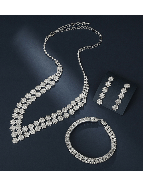 Fashion Three Piece Suit Geometric Rhinestone Earrings Necklace Bracelet Set