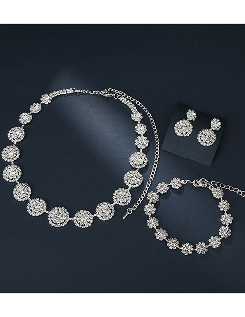 Fashion Three Piece Suit Geometric Diamond Round Earrings Necklace Bracelet Set