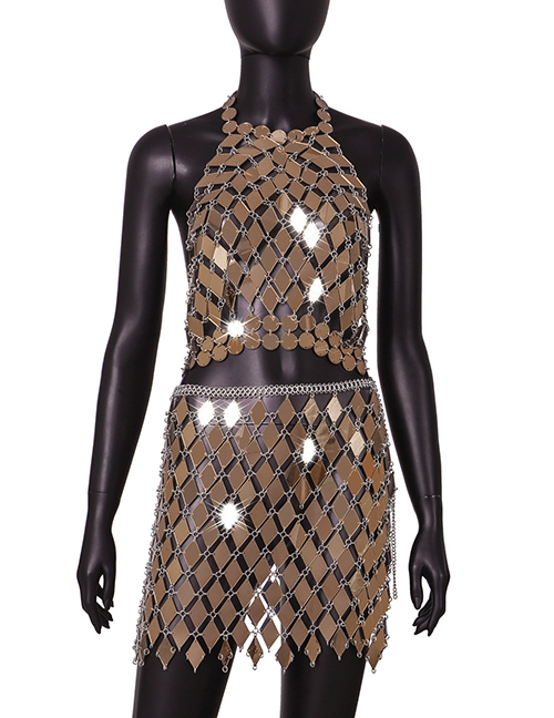 Fashion Brown Acrylic Sequined Halter Tank Skirt Set