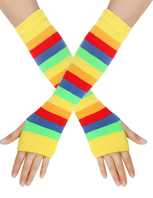 Fashion Yellow Mouth Rainbow Stripe Knit Gloves