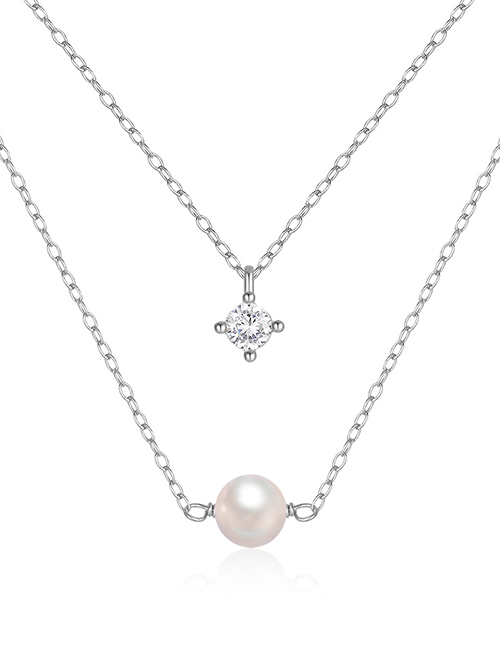 Fashion Platinum Silver Diamond And Pearl Double Layer Necklace