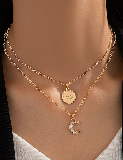 Fashion Gold Alloy Number Medallion Double Layer Moon Necklace With Diamonds