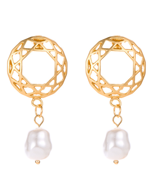 Fashion Gold Alloy Round Mesh Hollow Pearl Earrings