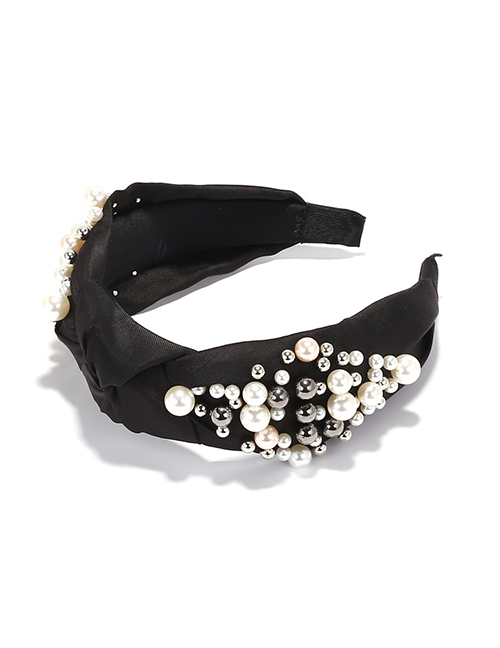 Fashion Black Fabric Pearl Round Bead Knotted Wide-brimmed Headband