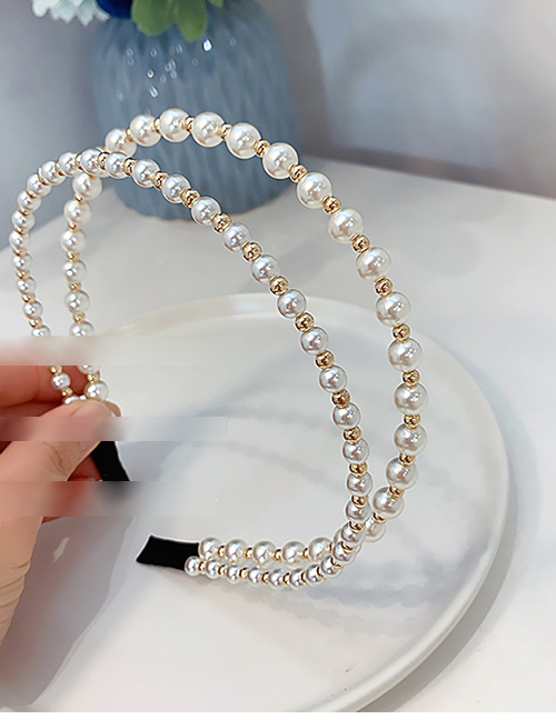 Fashion White Pearl Gold Bead Beaded Double Layer Headband