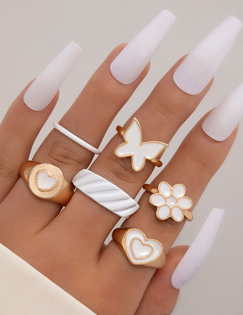 Fashion White Alloy Drip Oil Heart Flower Butterfly Ring Set
