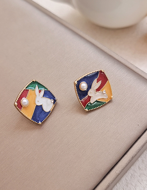 Fashion A Pair Of Asymmetric Stud Earrings Alloy Contrasting Color Drip Oil Rabbit Pearl Square Stud Earrings