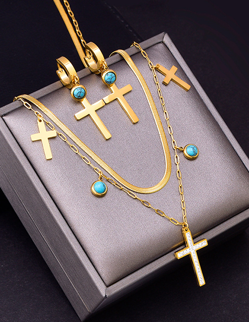 Fashion Necklace + Earrings Titanium Steel Set Blue Pine Cross Earrings Necklace Set