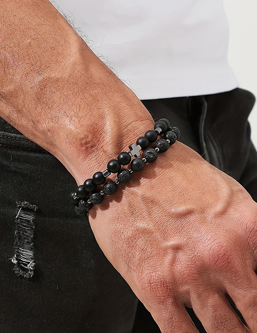 Fashion Black Volcano Beaded Cross Bracelet Set