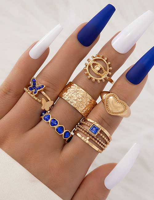 Fashion Blue Alloy Diamond Butterfly Heart Eye Ring Set