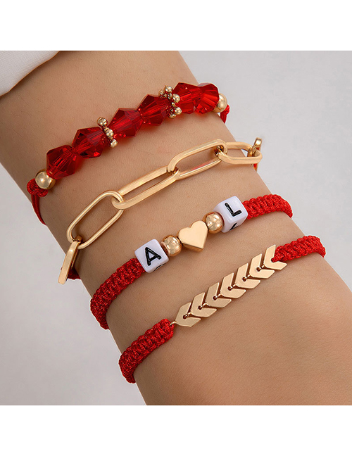 Fashion Red Alloy Crystal Beaded Square Alphabet Beads Heart Cord Braided Bracelet Set