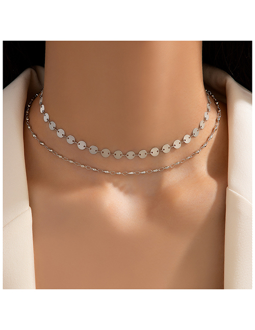 Fashion Silver Alloy Geometric Bead Chain Glossy Disc Necklace