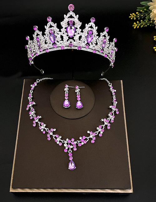 Fashion Silver Purple Crown + Necklace Earrings Alloy Diamond Geometric Earrings Necklace Crown Set