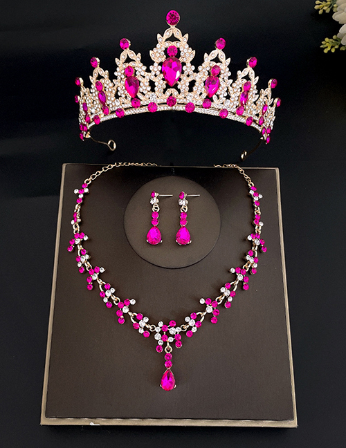Fashion Golden Plum Red Crown + Necklace Earrings Alloy Diamond Geometric Earrings Necklace Crown Set