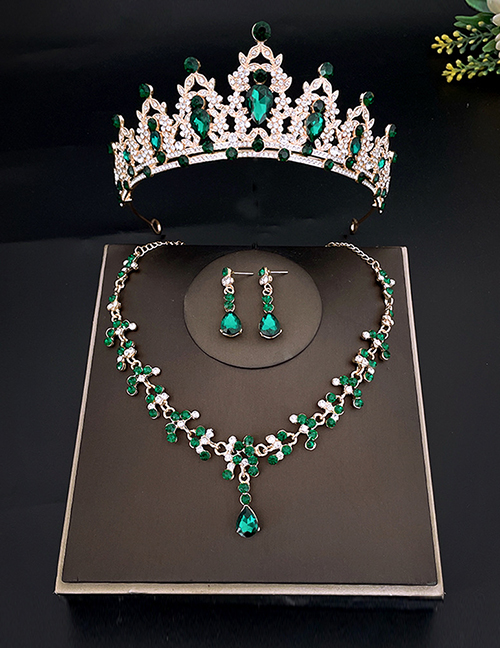 Fashion Golden Green Crown + Necklace Earrings Alloy Diamond Geometric Earrings Necklace Crown Set
