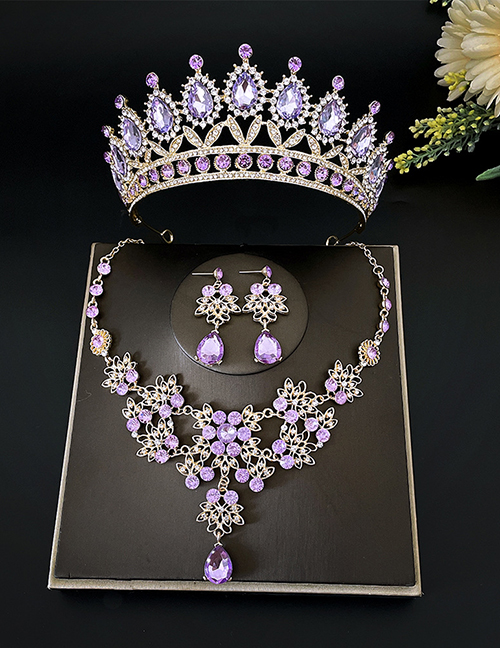 Fashion Gold Purple Crown + Leaves Necklace Earrings Alloy Diamond Geometric Earrings Necklace Crown Set