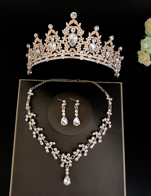 Fashion 01 Gold And White Crown + Necklace Earrings Alloy Diamond Geometric Earrings Necklace Crown Set