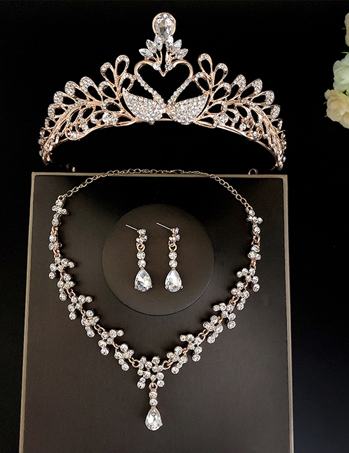 Fashion 02 Gold And White Crown + Necklace Earrings Alloy Diamond Geometric Earrings Necklace Crown Set