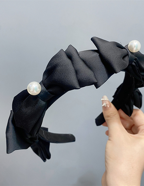 Fashion Black Fabric Pearl Bow Wide Brim Headband