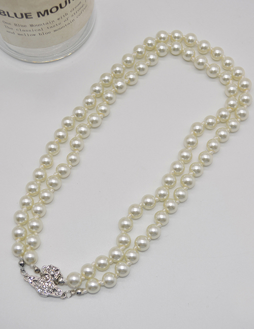 Fashion Silver Alloy Pearl Beaded Diamond Planet Necklace
