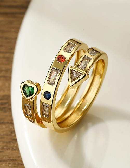 Fashion Green Gold Plated Copper And Diamond Love Triangle Open Ring
