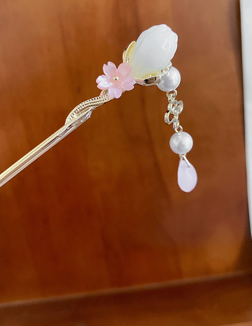 Fashion Hairpin-gold-pink Alloy Imitation Jade Flower Pearl Water Drop Tassel Hairpin