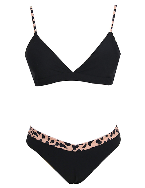 Fashion Leopard Print Solid Color V-neck Leopard-print Split Swimsuit