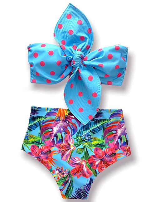 Fashion Blue Top + Blue Colored Leaves High Waist Embossed Print One-piece Swimsuit