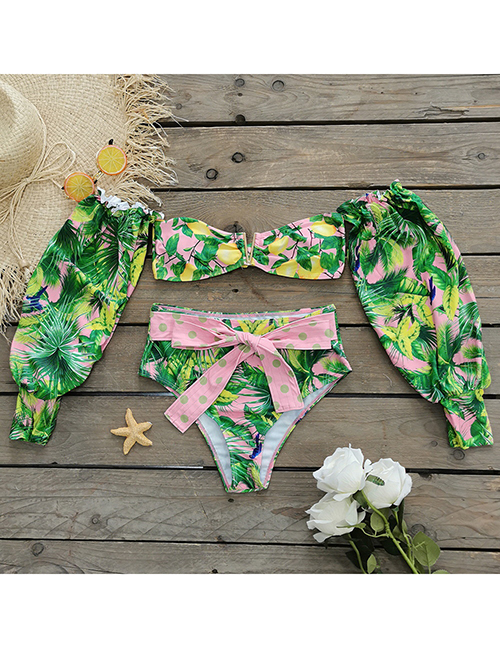 Fashion Lemon Print Polyester Printed One-shoulder Long-sleeved High-waisted Two-piece Swimsuit