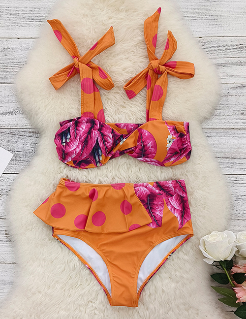 Fashion Orange Bottom Safflower Polyester Print Tie One-piece Swimsuit