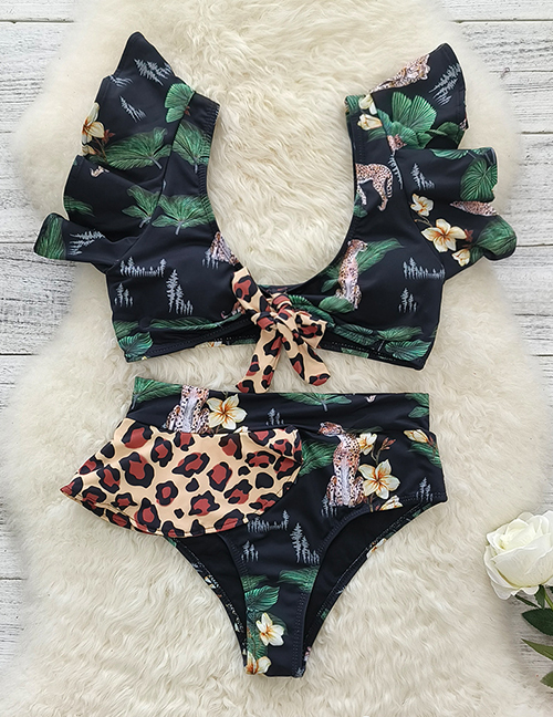 Fashion Green Leaf Leopard Polyester Leopard Print Swimsuit