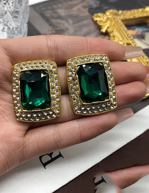 Fashion Green Earrings Alloy Diamond Square Stud Earrings