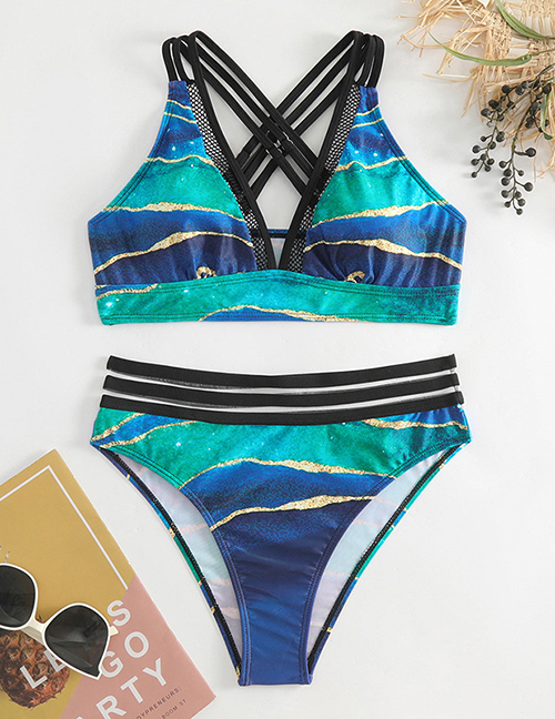 Fashion Color Mesh Stitching Printed Slip-back One-piece Swimsuit