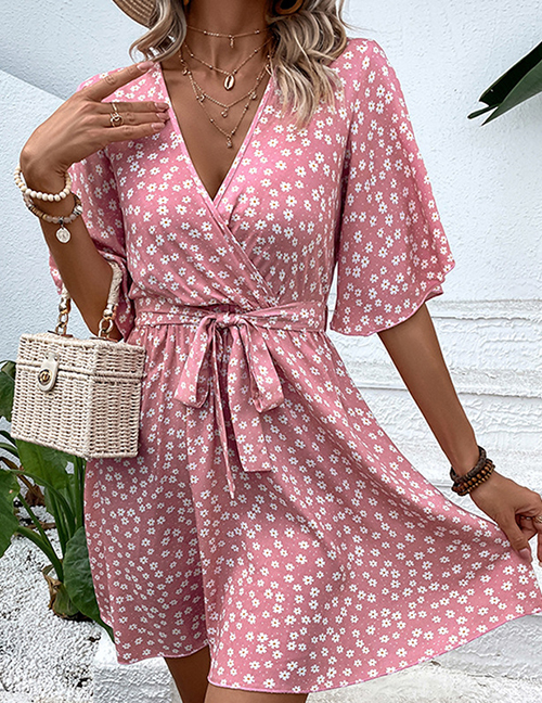Fashion Pink Polyester V-neck Floral Short-sleeved Dress