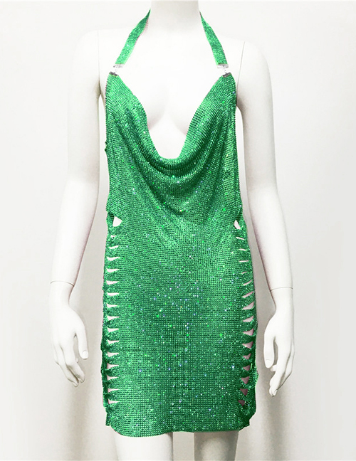 Fashion Style Five Green Metal Rhinestone V-neck Slit Suspender Dress