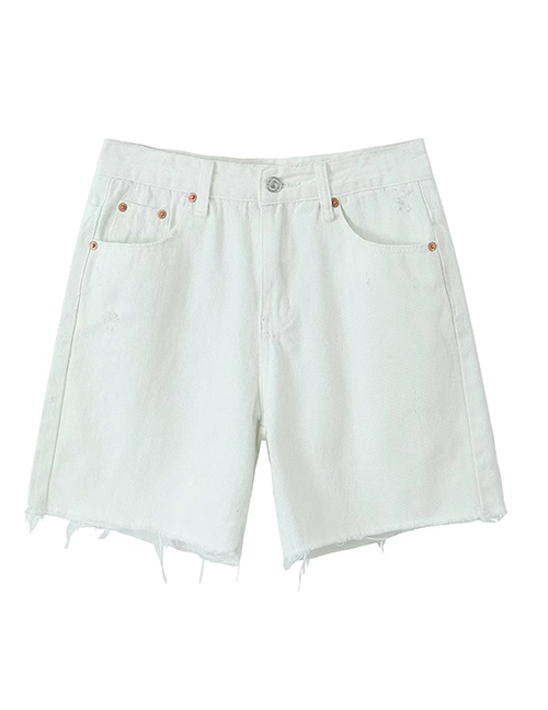 Fashion Apricot Polyester Single Button Frayed Denim Shorts