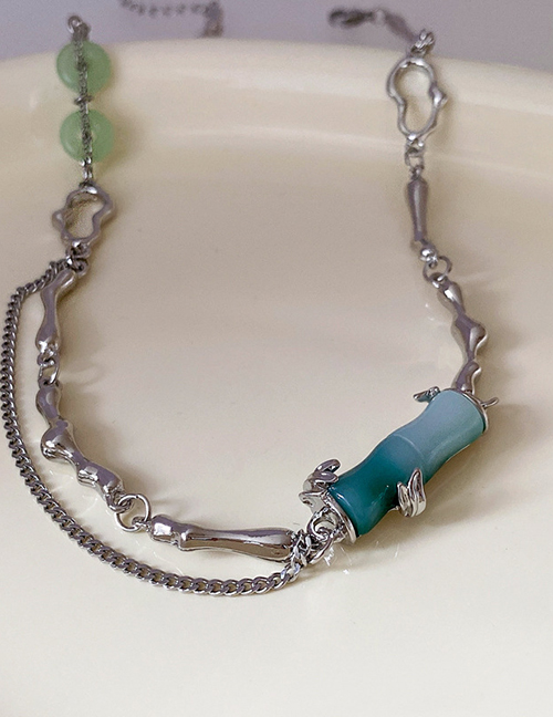 Fashion Necklace - Silver - Green Geometric Polygonatum Chain Panel Necklace