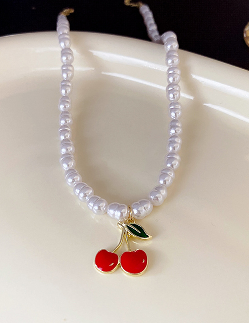 Fashion Necklace - White Alloy Drip Cherry Pearl Beaded Necklace