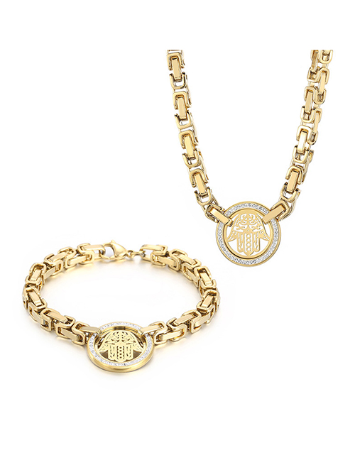 Fashion Golden Suit Stainless Steel Diamond Palm Necklace Bracelet Set