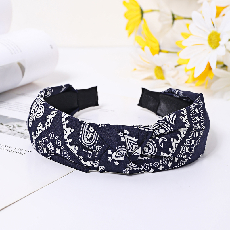 Fashion Navy Blue Knotted Style Fabric Printed Knotted Wide-brimmed Headband